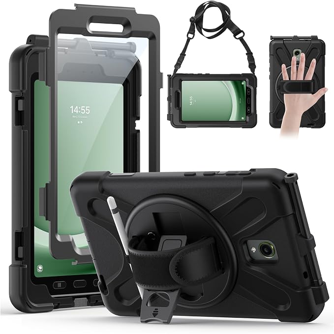 Gerutek Case for Samsung Galaxy Tab Active 5 2024/Active 3 2021 8 Black | Heavy Duty Shockproof Drop Protection Case with Screen Protector 360° Rotating Stand Handle/Shoulder Strap Pencil Holder