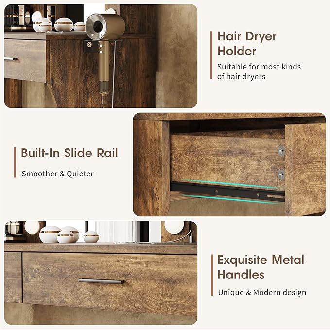 Maupvit Vanity Desk with Mirror and Lights,Makeup Vanity Table Set with Power Outlet,3 Lighting Modes & Adjustable Brightness Dressing Table with 2 Drawers for Bedroom Dressing Room,Rustic Brown