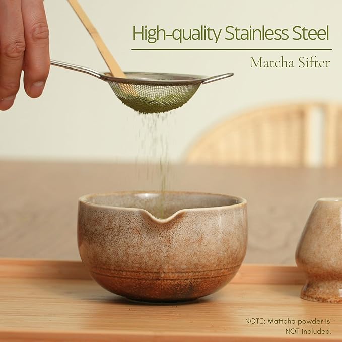 Matcha Set, Handcrafted Bamboo Chasen & Ceramic Bowl, 5 Pcs Matcha Set Whisk and Bowl with Stainless Steel Sifter, Bamboo Scoop & Holder for Matcha Tea Ceremony, Taupe