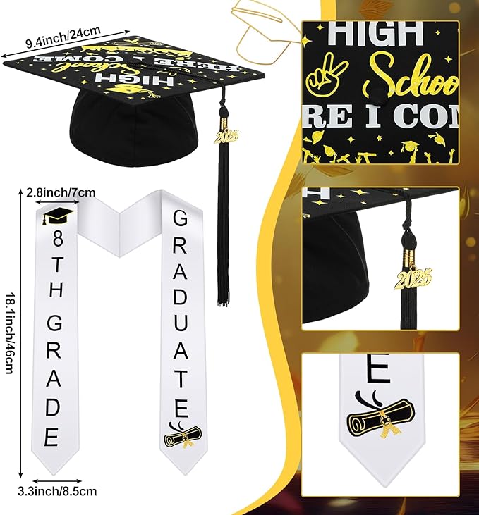 2 Pcs 5th 8th Grade Graduation Cap and Stole, Class of 2026 Graduation Sash Cap Stole Kindergarten Grad Gifts