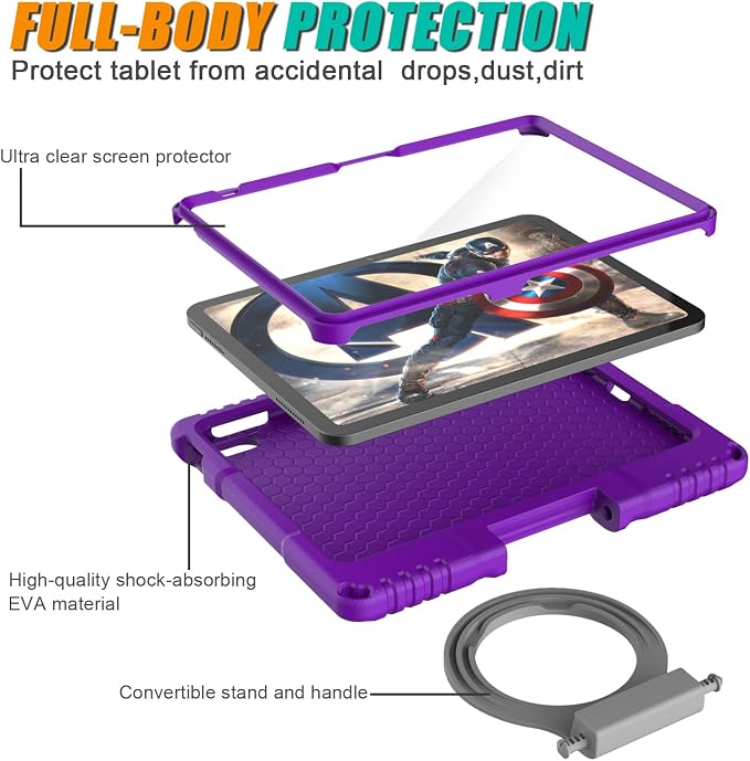 Kids Case for iPad 10th Generation 10.9-inch (2022) &amp iPad Air 11-inch M2 (2024) &amp iPad Pro 11-inch M4 (2024) Lightweight Shockproof Case Built-in Screen Protector with Handle Stand Black