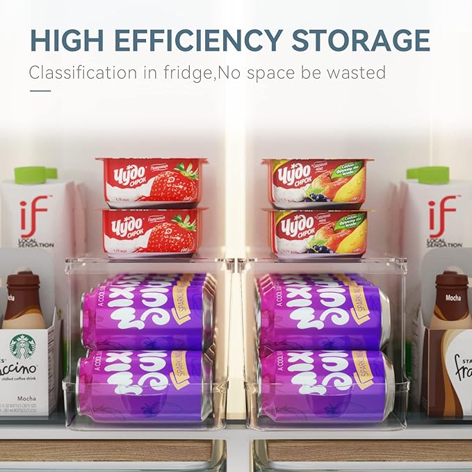 Soda Can Dispenser for Refrigerator with Lids, Stackable Drink Organizer for Fridge, Clear Plastic Refrigerator Organizer Bins, Beverage Can Holders for Pantry, Freezer, Kitchen, Cabinets Set of 2