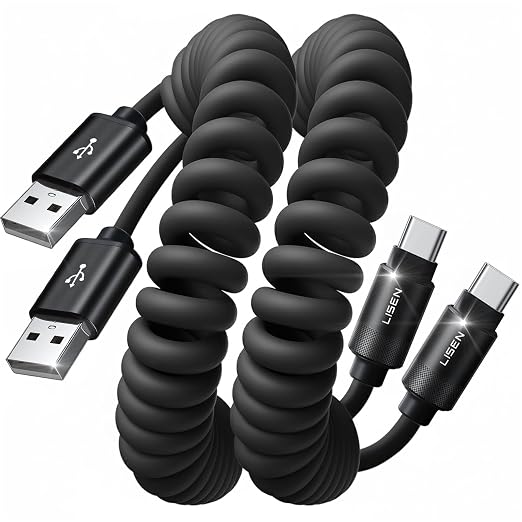 LISEN Chubby Cable Coiled Cable 2 Pack Car Play Cord | for Android Auto Short USB A to USB C Cable for iPhone 17/16/15 Samsung Galaxy S25/S24 A15/A14 Google Pixel 9/8 Blue 4FT
