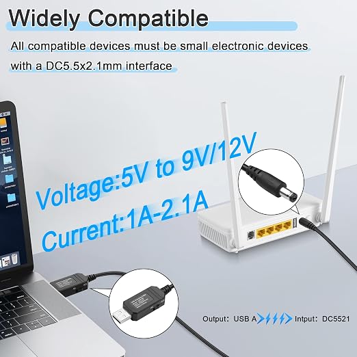 USB 5V to 9V/12V DC Step-up Cable5V U S B to DC5521 9V/12V Boost Power Cable with SwitchUSB-A to DC 5.5X2.1mm Voltage Boost Cablefor CameraRouterDashcam-3.28Ft (DC5.5X2.1)
