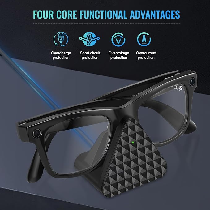Smart Glasses Charging Stand Dock Compatible with Ray-Ban Meta Wayfarer, Headliner, Skyler, Renewed, Oakley Meta HSTN, Portable Smart Glasses Charger Dock with Charging Adapter (Black)