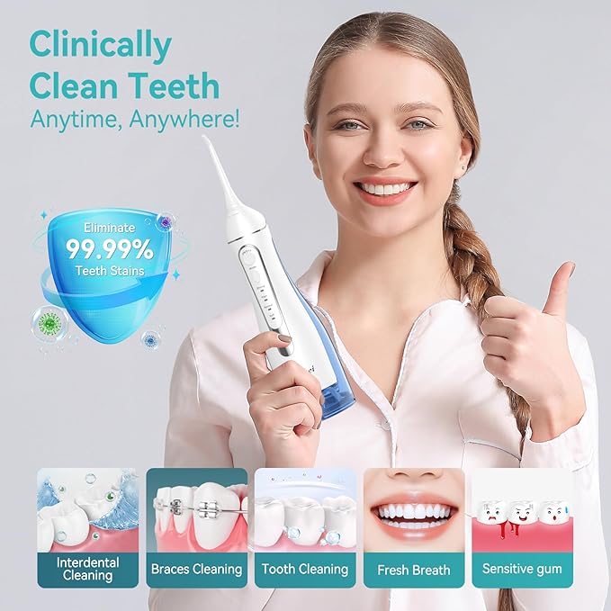 Water Dental Flossers for Teeth, 300ML Cordless Portable Electric Water Flosser, 4 Modes Oral Irrigator, Waterproof Rechargeable Water Floss for Deep Cleaning, Plaque Remover,Braces Home Travel Use