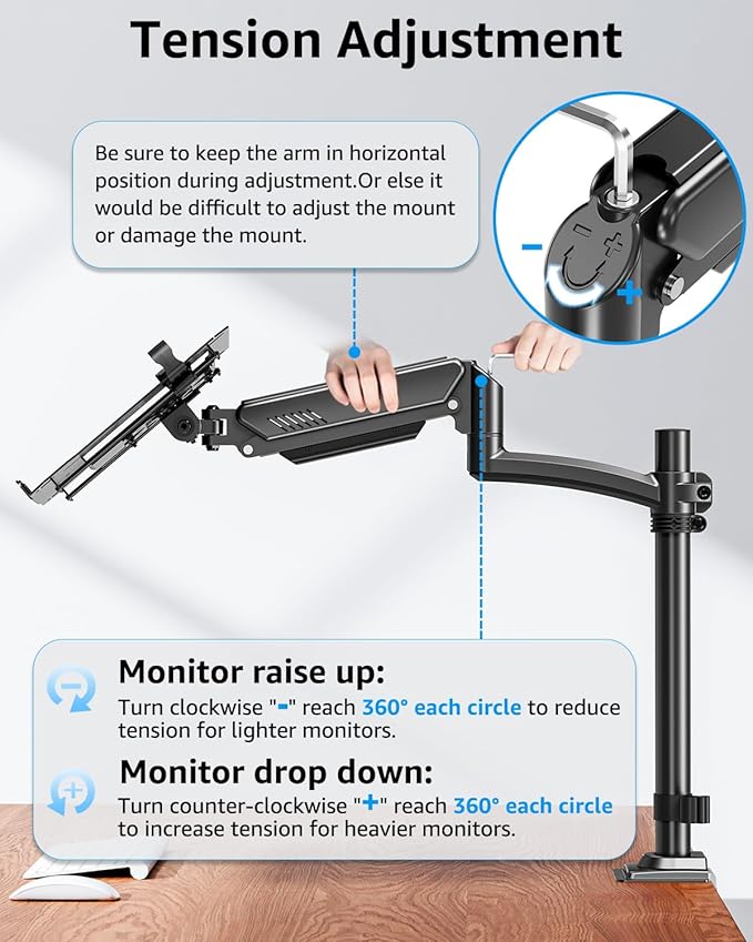 MOUNTUP Laptop Desk Mount, Adjustable Laptop Stand for max 17" Notebook or 32" Monitor, Laptops Arm Mount for Desk Holds 4.4-22lbs, Tall Laptops Stand with Clamp/Grommet