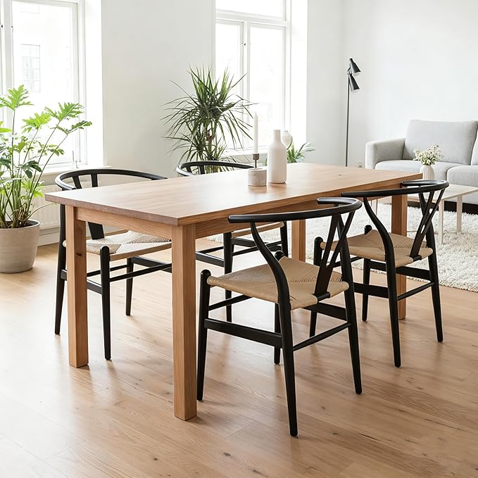 Wishbone Chair Natural Solid Wood Dining Chair/Hans Vegner Y Chair Rattan and Wood Accent Armrest Chairs Set of 2 (Ash Wood - Black + Natural Cord 2 Chairs)