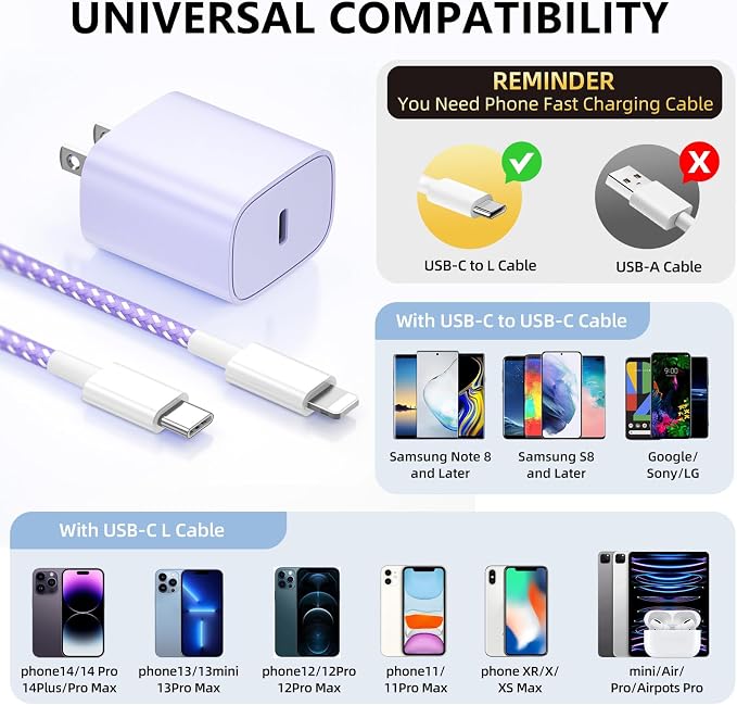 Phone Charger Fast Charging 4 Pack 20W USB C Wall Charger Block with Cable | 6FT Charging Cable Type C Fast Charge Block Compatible with Phone 14/14 Pro Max/13/13 Pro/12/12 Pro/11/11 Pro/XS Pad More
