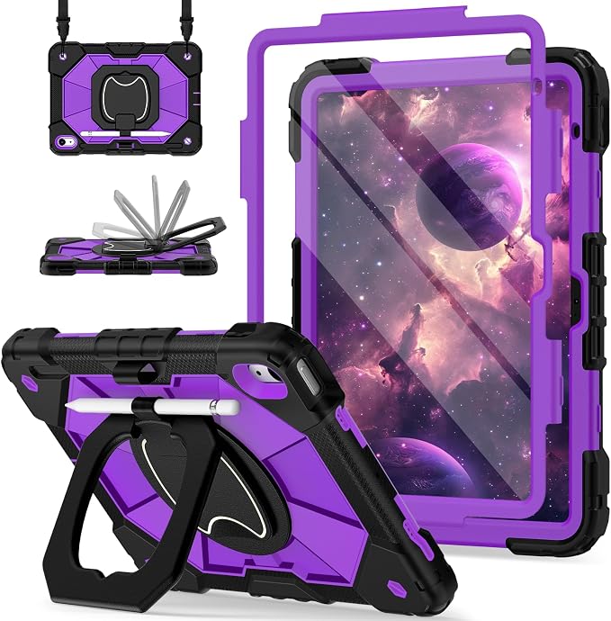 Scnioy Case for iPad (A16) 11th Generation 11 Inch (2025) / iPad 10th Generation Case 10.9 Inch (2022) with 360° Rotating Stand Screen Protector Pen Holder Shoulder Strap Black