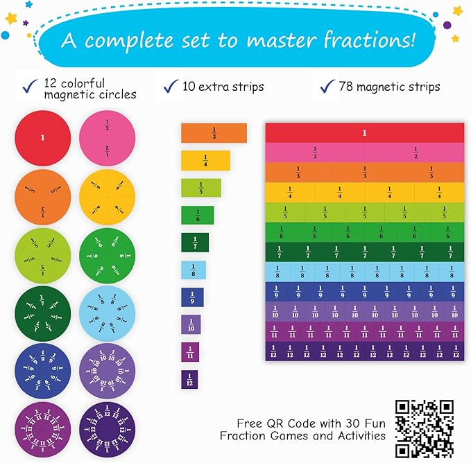 166 PCS Magnetic Fraction Tiles & Fraction Circles - Elementary Fraction Manipulatives Class Set - Magnetic Fraction Bars & Strips Fraction Kit, Fraction Magnets, Math Manipulatives - Simply Magic
