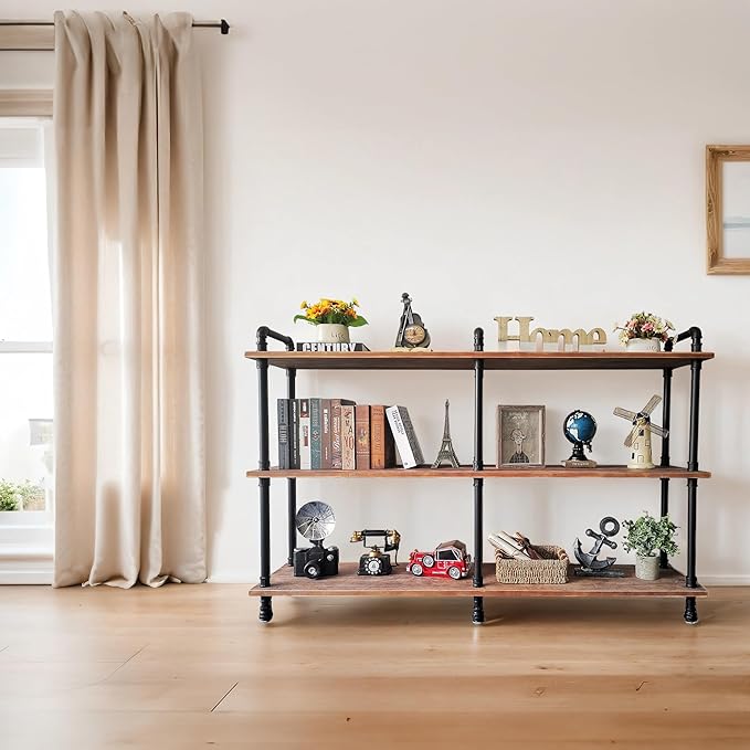 3 Tier Industrial Long Bookshelf, Entryway Industrial Metal Bookcase (Weathered Brown, 60" L x 11.8" W x 39" H)