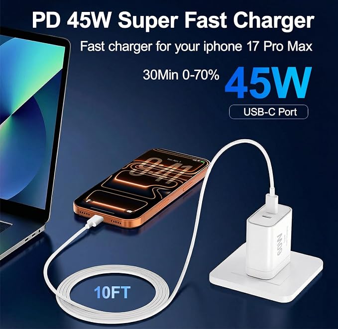 iPhone 17 Charger45W Fast Charging Dual Port USB C Charger Block with 3/6/10/10FT Type C Charging Cable-PD Quick Adapter 3.0 for iPhone 17e/17/17 Pro/17 Pro Max/Air/16/15 Pro Max/PlusiPad (Black)