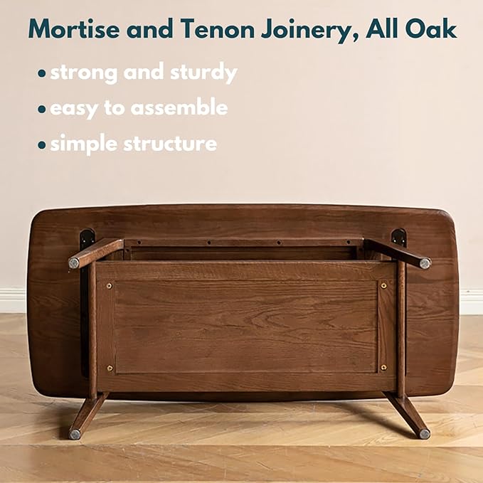 100% Solid Oak Coffee Table with Storage Shelf, 2-Tier Wooden Center Table for Living Room, Farmhouse Rustic Rectangle Table, Easy Assembly, Walnut Color, 39.37inch
