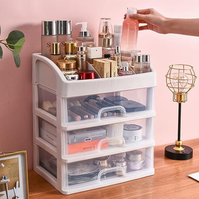 Makeup Organizer with 3 Drawers Plastic Storage for Vanity Cosmetic Display Cases Large Capacity Bathroom Countertop Plastic Storage for Skin Care Products(Arc Type)
