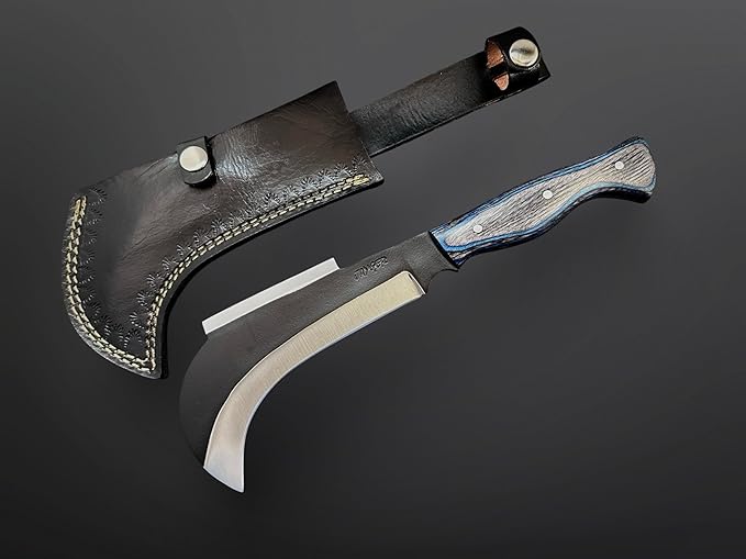 Hand Forged Carbon Steel Machete Billhook Sickle Knife | Yard Work | Tree Cutting | Brush Clearing Garden Tool | Leather Cover with Belt Loop (BHC3)
