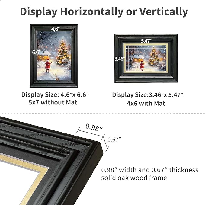 5x7 Picture Frame for Wall or Tabletop Oak Wood, 4x6 Picture Frame with Mat,5x7 Premium Photo Frame with Real HD Tempered Glass,Ideal for Home Decor, Art Gallery,Black, 1 Pack