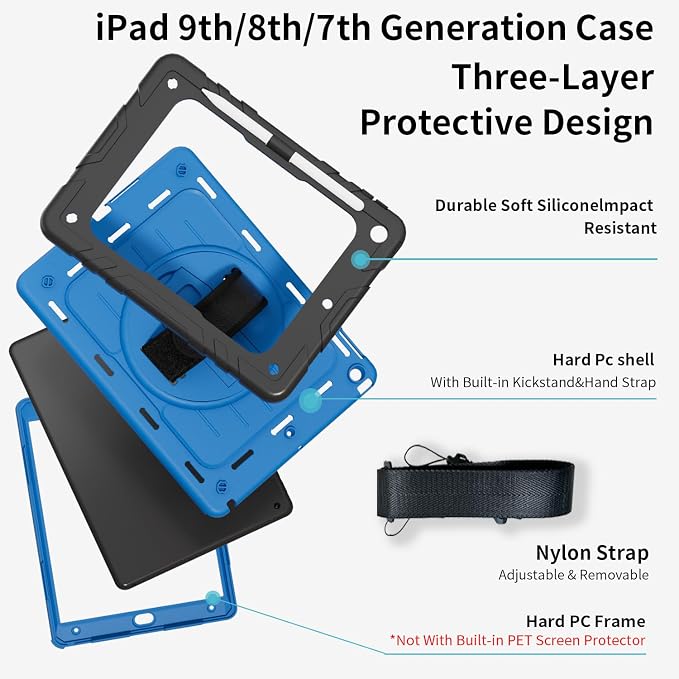 Case for iPad 9th/8th/7th Generation10.2 Shockproof 360 Rotating Stand Shoulder Hand Strap with Pencil Holder for iPad 10.2 inch 2021/2020/2019 Case (Black)