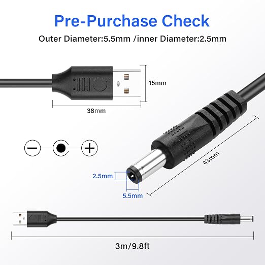 SinLoon USB to DC 5.5x2.5mm Power Cord 5V 3A 10FT 2Pcs 5.5mm Barrel Jack Charging Cable for Laptops/Security Systems/LED Strips/Routers