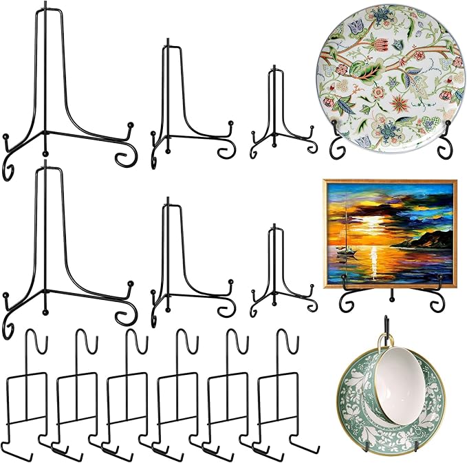 6 Pcs 3 Size Black Plate Stands for Display, 4 6 8 Inch Holder & Cup and Saucer Display Stand for Picture Frames, Book, Card, Mug Organizer, Bowl, Decorative Plates, Tablet, Art