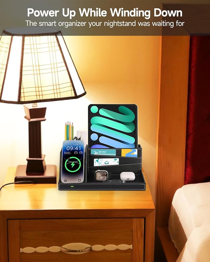 Fast Wireless Charging Station with Desk Organizer for iPhone 17/16/15/15 Pro/14/14 Pro Max/14 Pro/14 Plus/13/13 Pro Max/13 Pro/and iPhone 12/11 Series Nightstand Desktop Organizer for Home Office