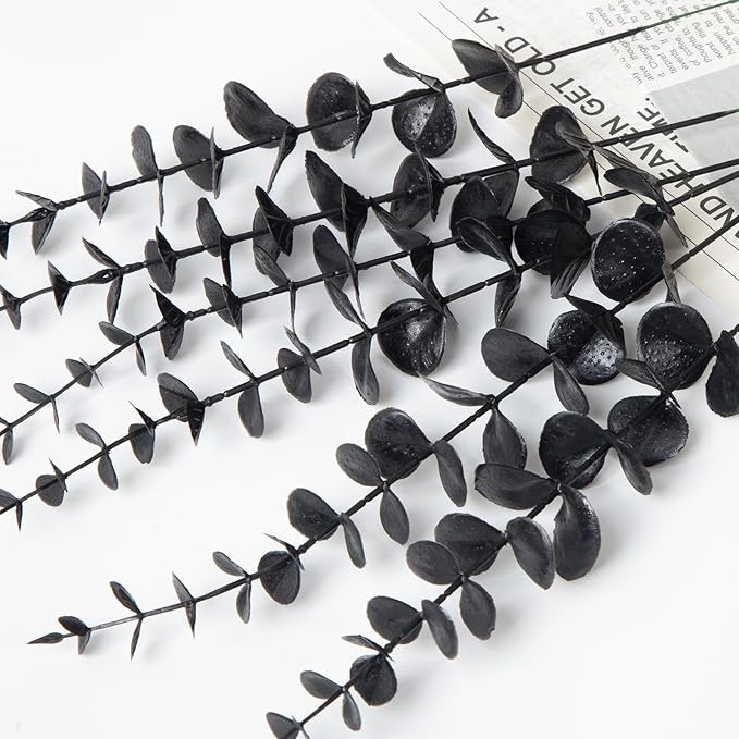 18pcs Black Eucalyptus Stems Greenery Stems Fake Leaves Artificial Flowers Bouquet Faux Branches Centerpiece Flores Plants for Home Party Decor Wedding Decoration
