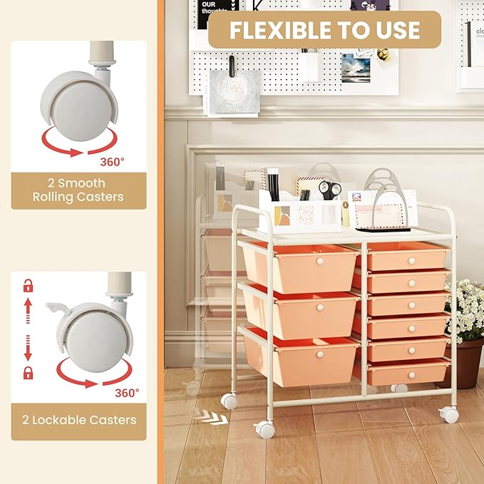 COSTWAY Rolling Storage Cart with 9 Drawer, Mobile Utility Cart with Metal Frame, Art Supply Craft Organizer, Multipurpose Storage Organizer for Paper, Office, School Teacher, Classroom, Peach