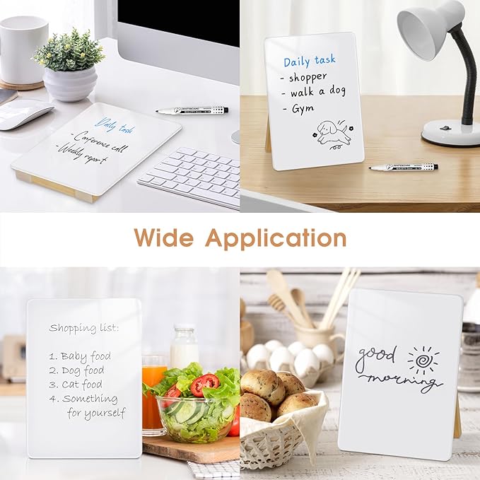 Desktop Glass Dry Erase Board, Small Glass Whiteboard with Adjustable Wood Stand - Reusable Desk Notepad 9.5" x 6.7" for Home Office