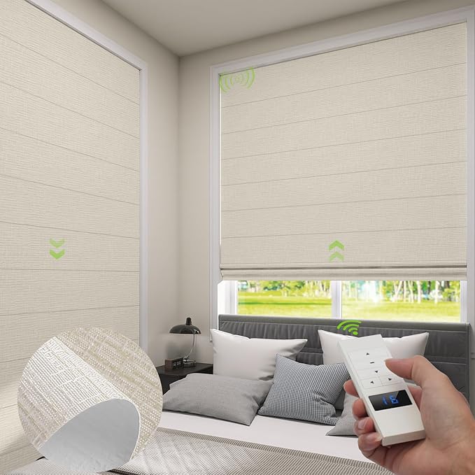 ZSTARR Smart Roman Shades Rechargeable Motorized Blinds with Remote Full Blackout Roman Window Shades Plain Fold Soft for Doors Bedroom, Custom Size (Beige)