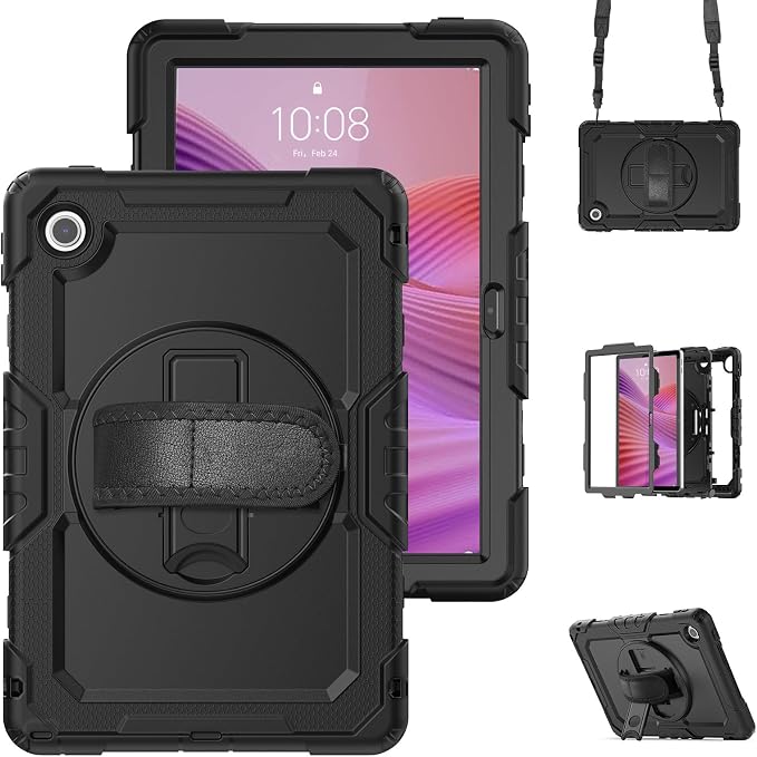 Junfire Shockproof Case for Lenovo Tab 10.1 (TB-311XU/TB-311FU) 2025 2026 | Screen Protector 360 Rotating Kickstand Hand Strap Shoulder Belt Black