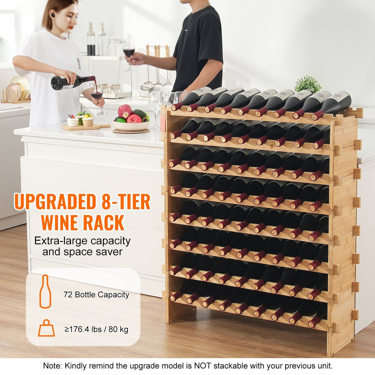 72 Bottle Upgrade Modular Wine Rack, Continuously Store Pinot Bottles, 8-Tier Bamboo Wood Storage Rack, Floor Freestanding Wines Holder Display Shelf, Wobble-Free Shelves for Kitchen Bar Cellar