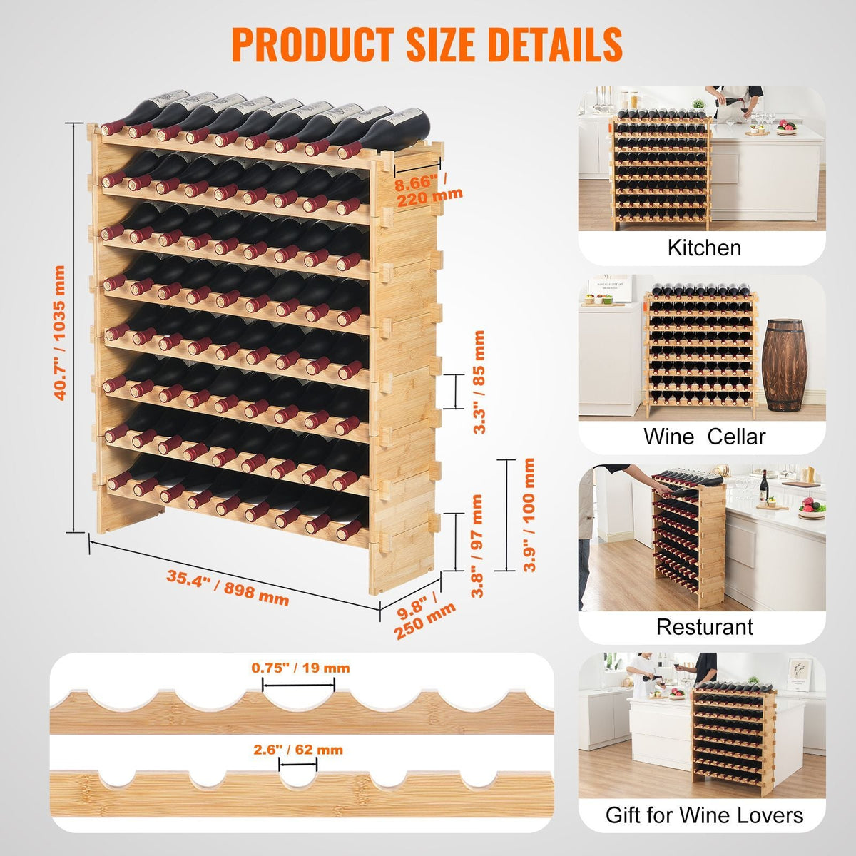 72 Bottle Upgrade Modular Wine Rack, Continuously Store Pinot Bottles, 8-Tier Bamboo Wood Storage Rack, Floor Freestanding Wines Holder Display Shelf, Wobble-Free Shelves for Kitchen Bar Cellar