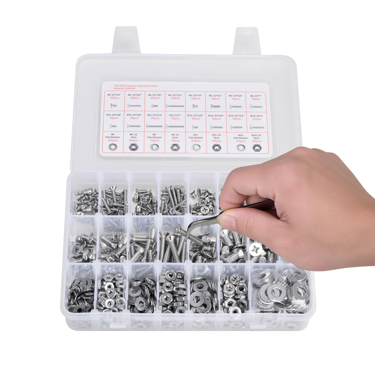 720 Pcs Bolts and Nuts Assortment Kit, Imperial Machine Screws and Flat Washers, Stainless Steel 6-32,8-32,10-24,1/4-20, for Furniture /Equipment/Vehicle Assembly, Silver