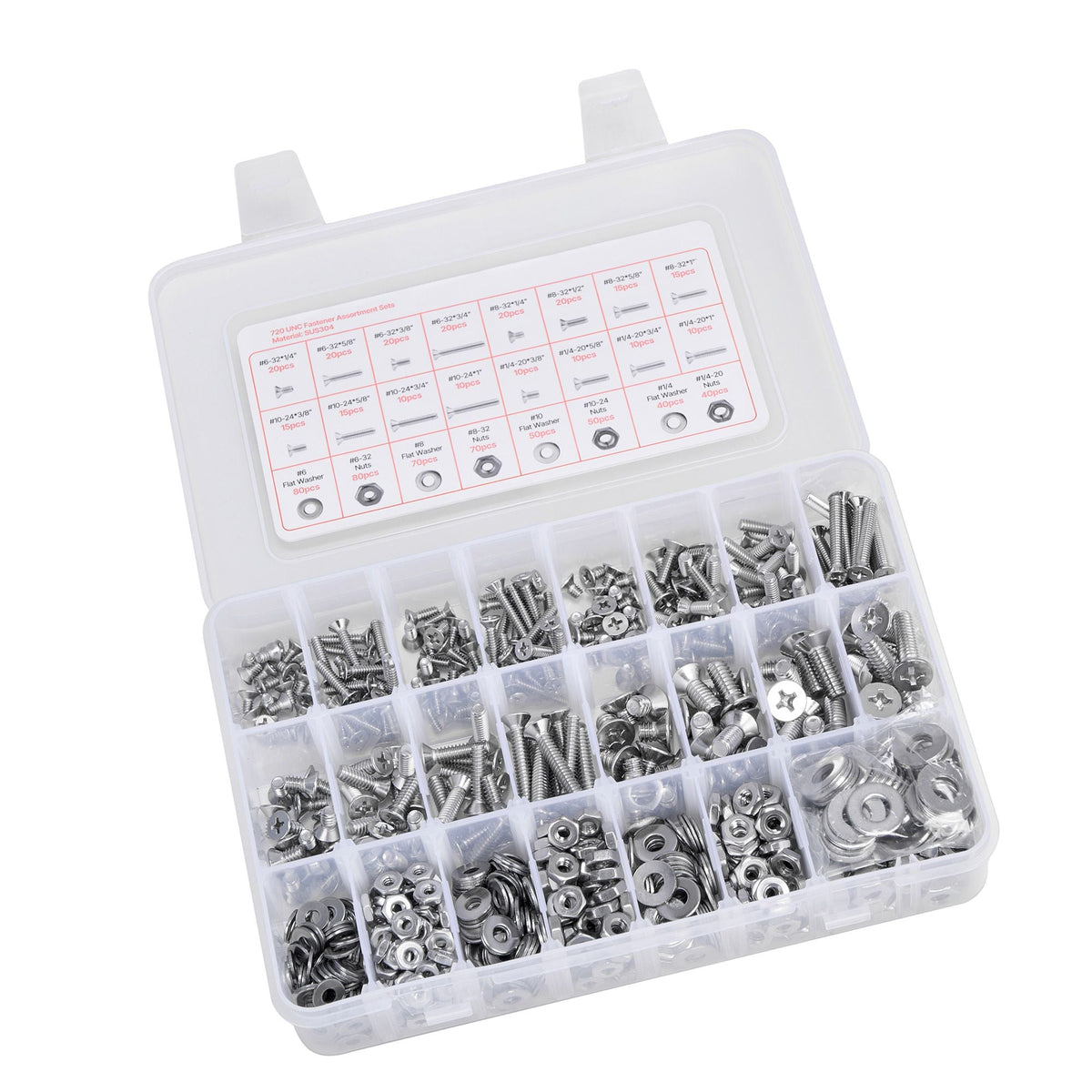 720 Pcs Bolts and Nuts Assortment Kit, Imperial Machine Screws and Flat Washers, Stainless Steel 6-32,8-32,10-24,1/4-20, for Furniture /Equipment/Vehicle Assembly, Silver