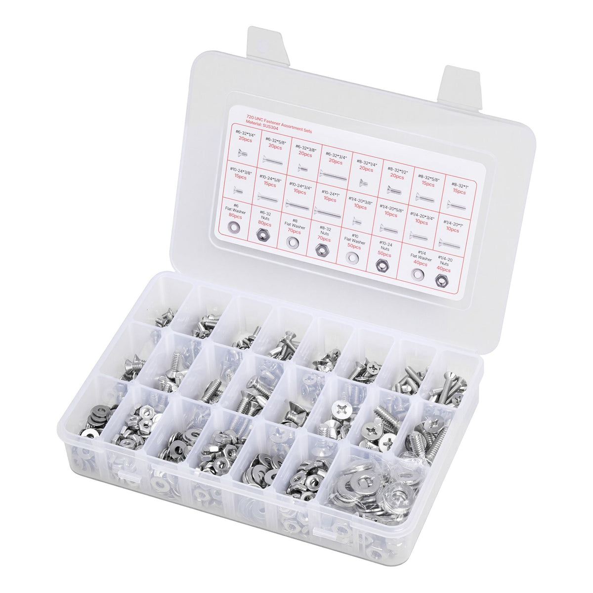 720 Pcs Bolts and Nuts Assortment Kit, Imperial Machine Screws and Flat Washers, Stainless Steel 6-32,8-32,10-24,1/4-20, for Furniture /Equipment/Vehicle Assembly, Silver