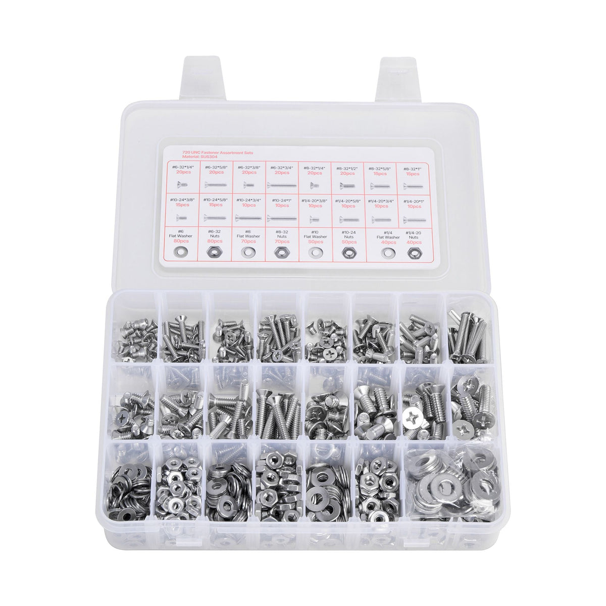 720 Pcs Bolts and Nuts Assortment Kit, Imperial Machine Screws and Flat Washers, Stainless Steel 6-32,8-32,10-24,1/4-20, for Furniture /Equipment/Vehicle Assembly, Silver