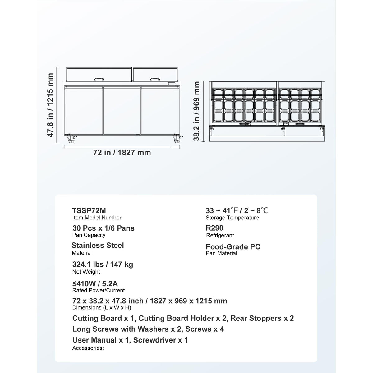 72"W Commercial Refrigerator, 18.7 Cu. Ft Sandwich Prep Refrigerated Table, Mega Top Food Prep Fridge with 30 Pans and Cutting Board, Stainless Steel Salad Prep Cooler for Restaurant, Food Truck