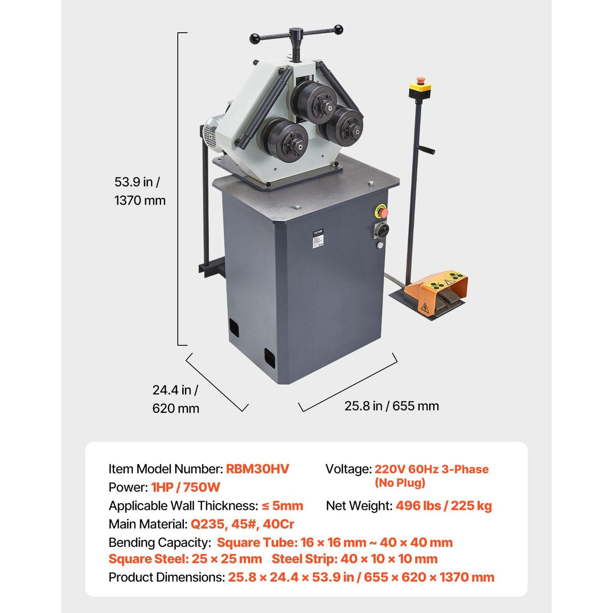 750W Electric Roll Bending Machine, 3-Roller Electric Pipe Bender Machine with Reversible Foot Switch, Support Horizontal/Vertical Operation (220V 60Hz 3-Phase, No Plug)