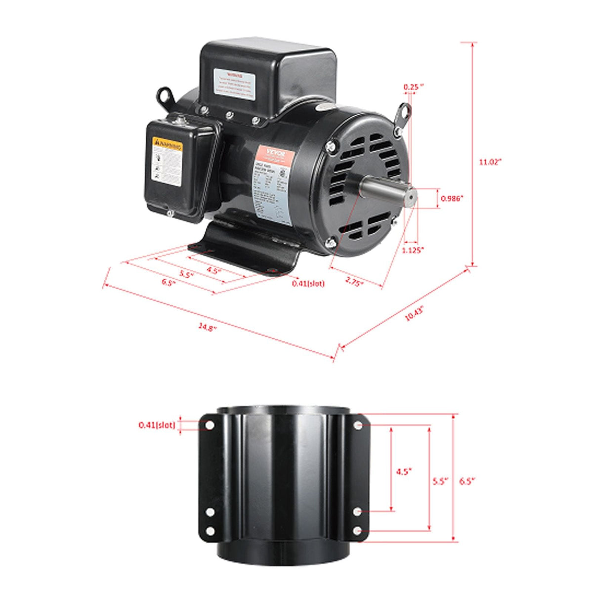 7.5HP Air Compressor Motor, 230V 31.6 Amps Electric Motor, 3450RPM 184T Frame, 1-1/8" Keyed Shaft, 2.75" Shaft Length for Air Compressors, Single Phase, CCW/CCW (Factory Setting is CCW)