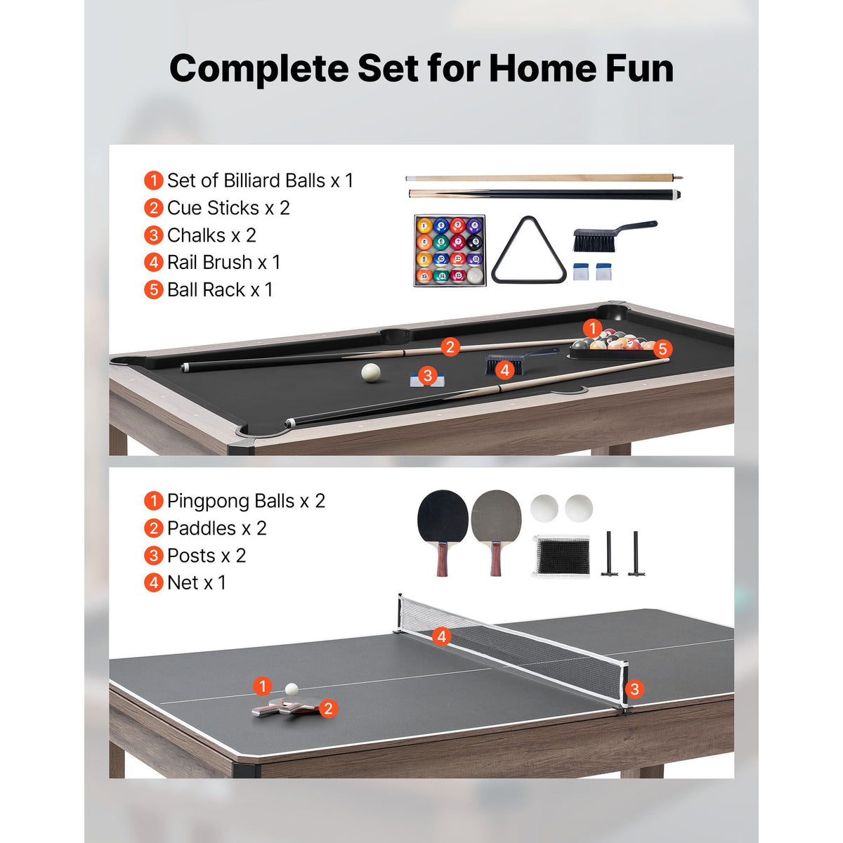 7ft Pool Table Combo Set, 3-in-1 Multi Game Billiards Tables with Dining Top and Ping Pong, 2 Benches for Storage and Accessories, Includes Ball Cue Rack Chalk Brush, for Family Recreation Room
