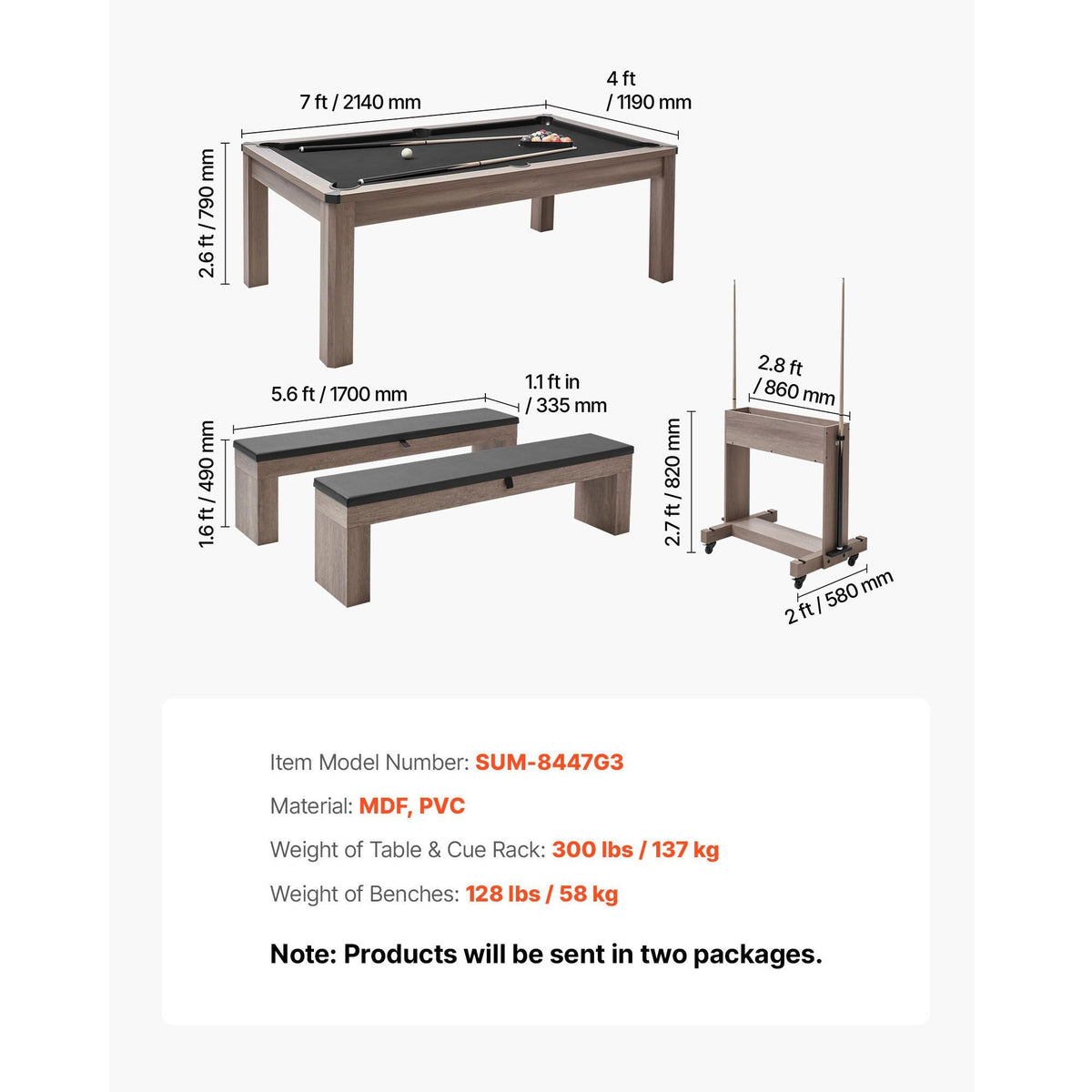 7ft Pool Table Combo Set, 3-in-1 Multi Game Billiards Tables with Dining Top and Ping Pong, 2 Benches for Storage and Accessories, Includes Ball Cue Rack Chalk Brush, for Family Recreation Room
