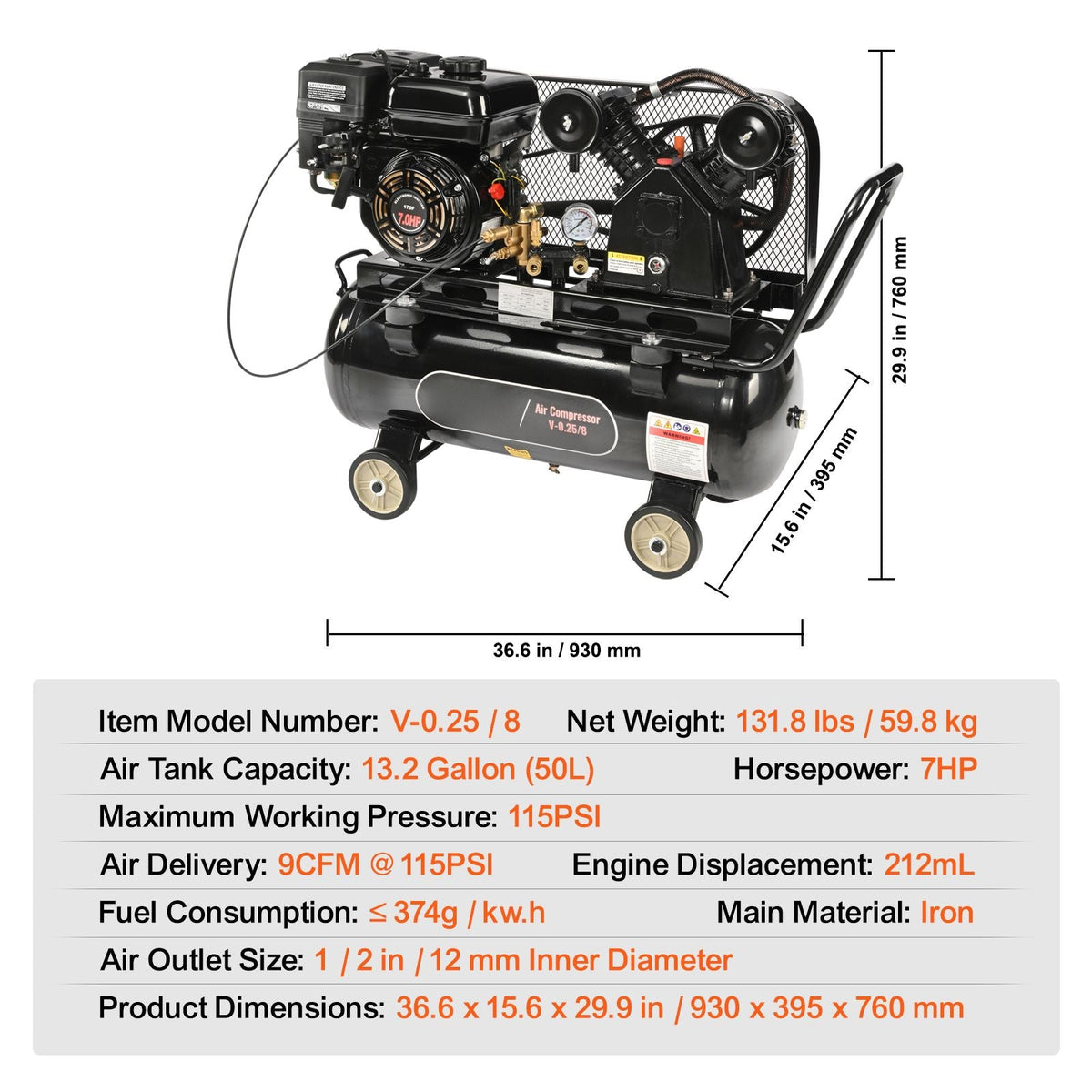 7HP Gas Powered Air Compressor, 13.2 Gallon Horizontal Air Compressor Tank, 9CFM@115PSI Gas Driven Piston Pump Air Compressed System with 115PSI Max Pressure for Construction Sites Workshop