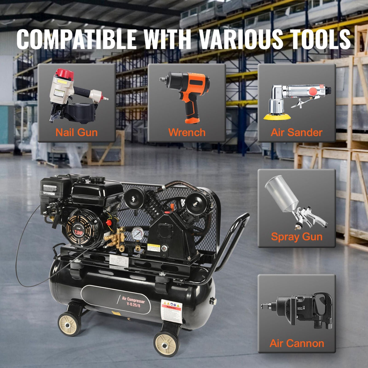 7HP Gas Powered Air Compressor, 13.2 Gallon Horizontal Air Compressor Tank, 9CFM@115PSI Gas Driven Piston Pump Air Compressed System with 115PSI Max Pressure for Construction Sites Workshop