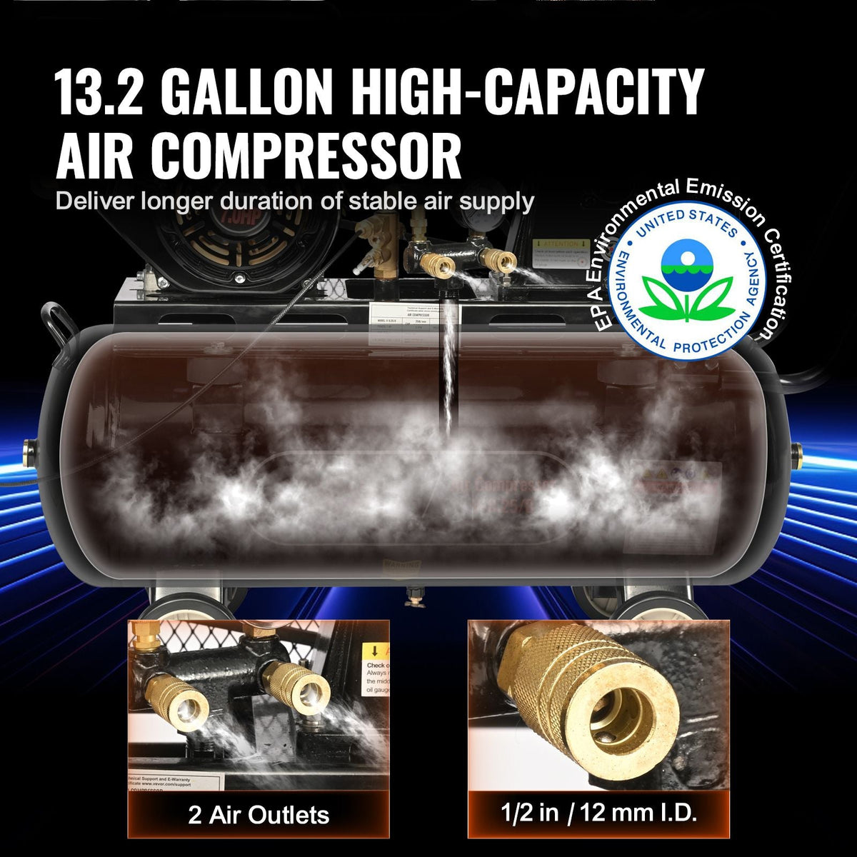 7HP Gas Powered Air Compressor, 13.2 Gallon Horizontal Air Compressor Tank, 9CFM@115PSI Gas Driven Piston Pump Air Compressed System with 115PSI Max Pressure for Construction Sites Workshop