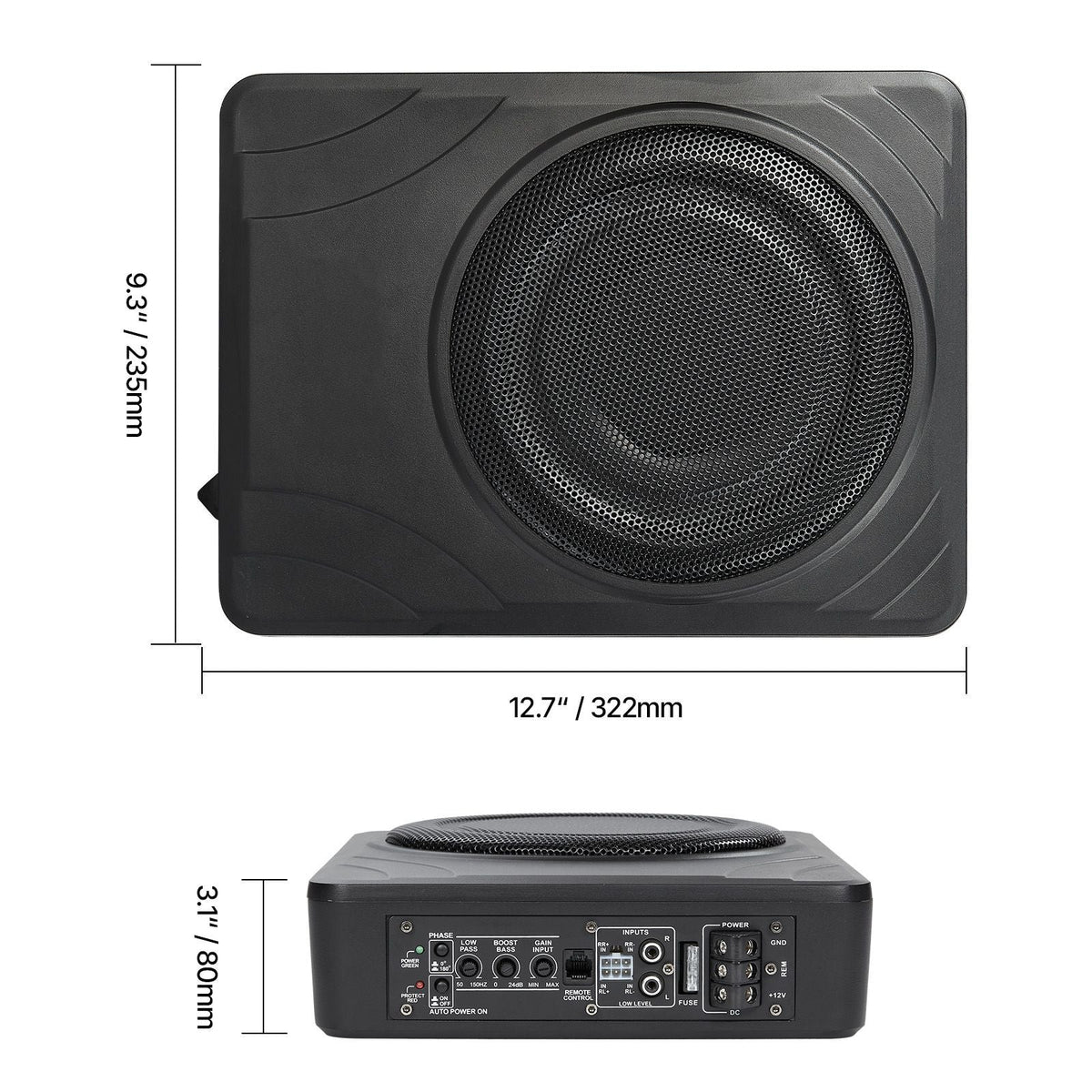 8" 300W Underseat Car Subwoofer, Slim Powered Car Subwoofers Under the Seat, Low Profile Audio Sub Built-in Amplifier, High/Low Level Input & Volume Controller for SUVs, Car, Truck, RV