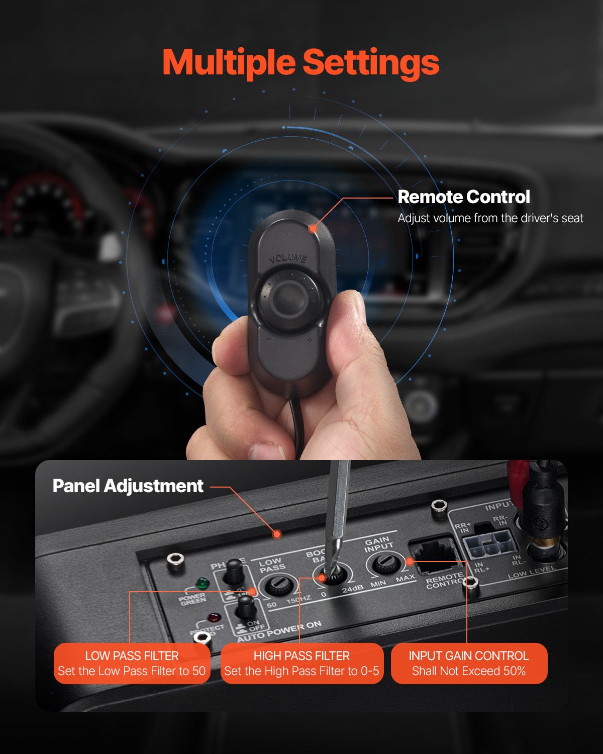 8" 300W Underseat Car Subwoofer, Slim Powered Car Subwoofers Under the Seat, Low Profile Audio Sub Built-in Amplifier, High/Low Level Input & Volume Controller for SUVs, Car, Truck, RV