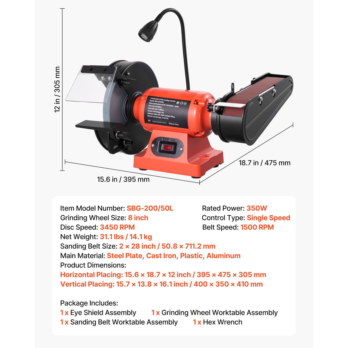 8" Bench Grinder & 2" x 28" Belt Sander Combo, 350W Professional Grinding Sanding Machine with LED Work Light & Protective Eye Shield for Metalworking, Woodworking, Knife Sharpening