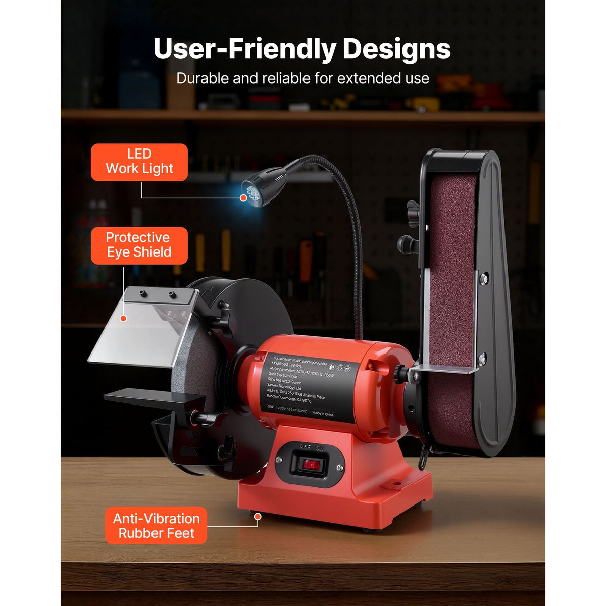 8" Bench Grinder & 2" x 28" Belt Sander Combo, 350W Professional Grinding Sanding Machine with LED Work Light & Protective Eye Shield for Metalworking, Woodworking, Knife Sharpening