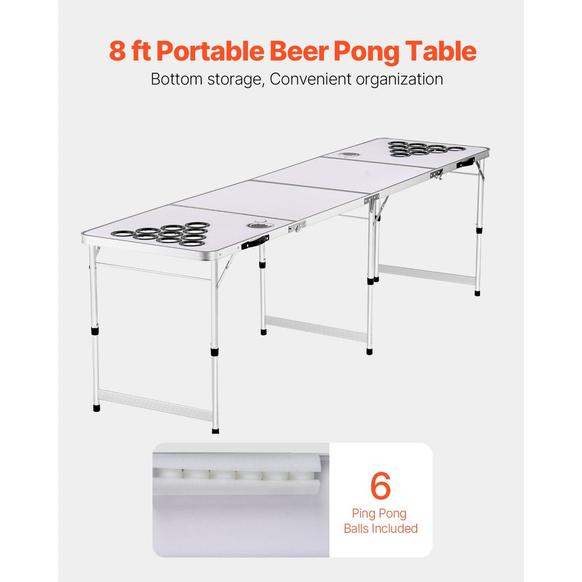 8 Foot Portable Beer Pong Table, Folding Tailgate Table, Cup Holes, Dry Erase Markers and Carrying Handles, Adjustable Height, Lightweight Table for Office, Tailgate Party & Camping, White