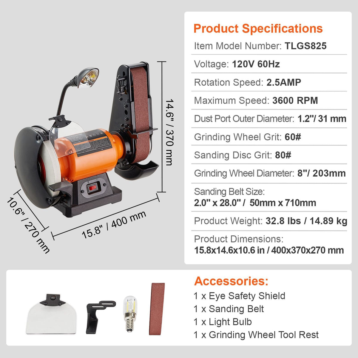 8 Inch Bench Grinder with 2 x28 Inch Belt Sander Combo, Bench Grinder Sander with 2.5A Induction Motor for Metalworking Sharpening Grinding